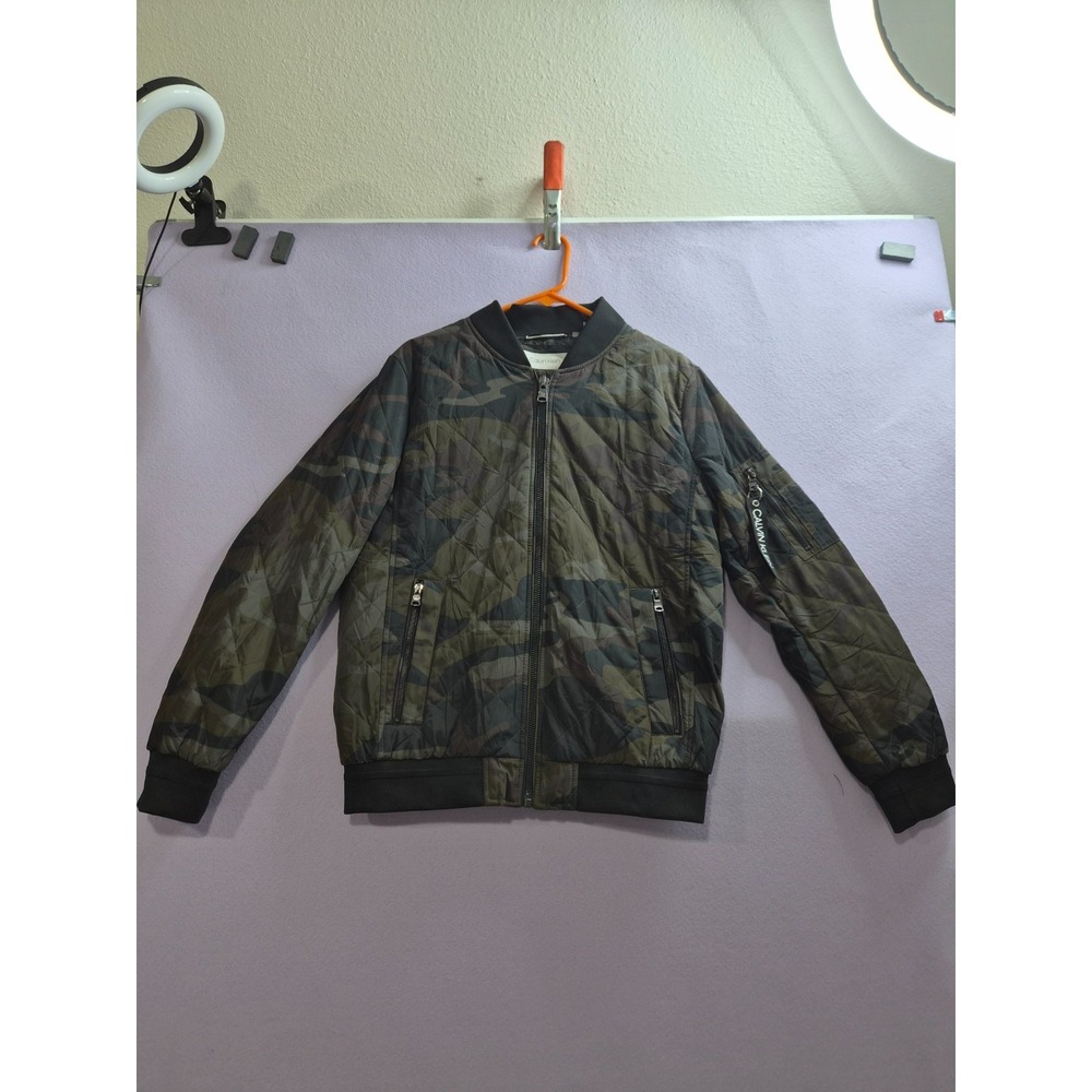Calvin Klein Flight Bomber Jacket Mens Small Green Camouflage Quilted Full Zip